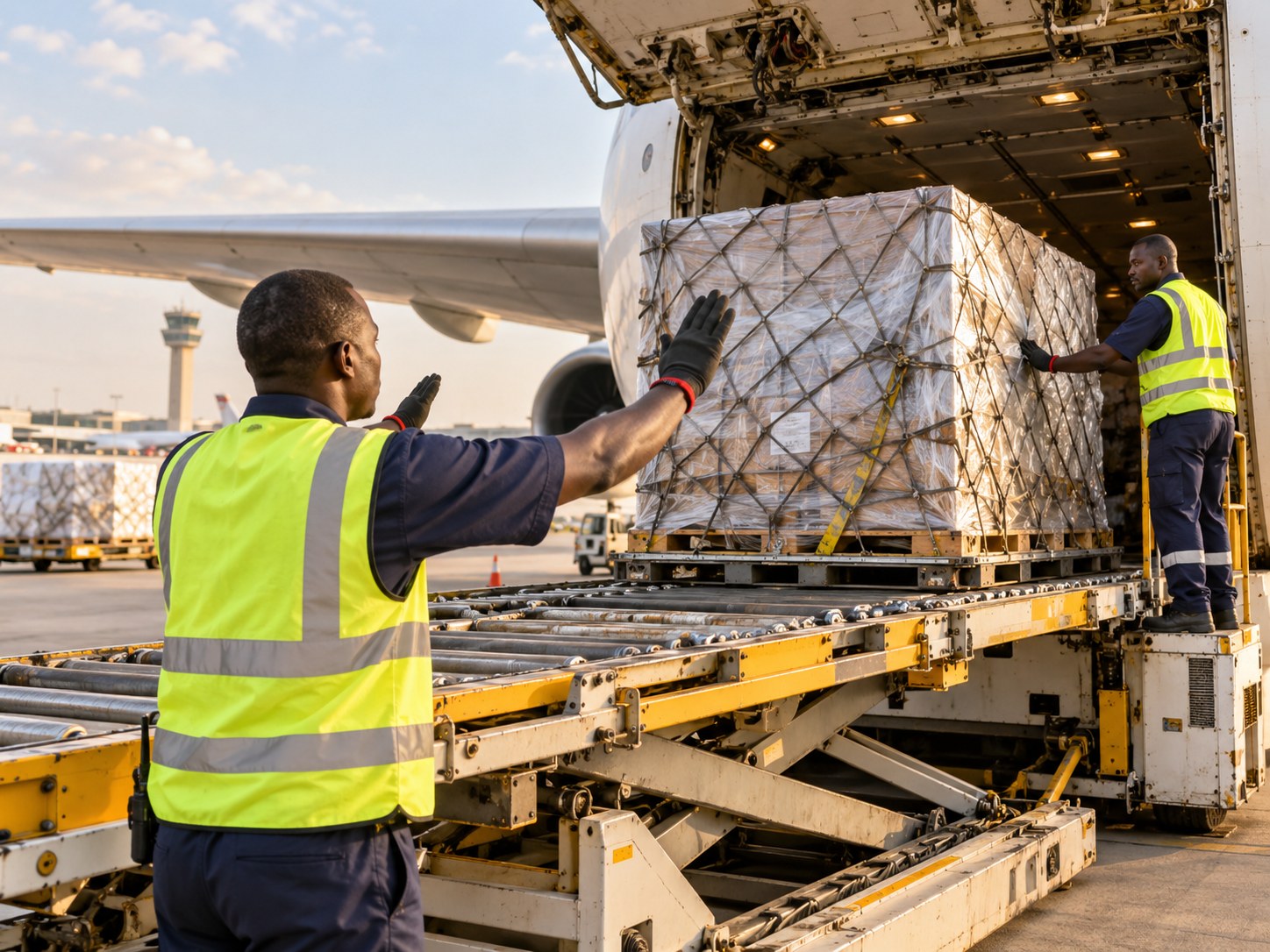 Black cargo handlers loading freight into an aircraft