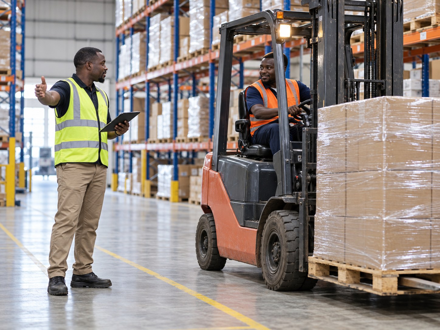 Black warehouse team handling palletized cargo