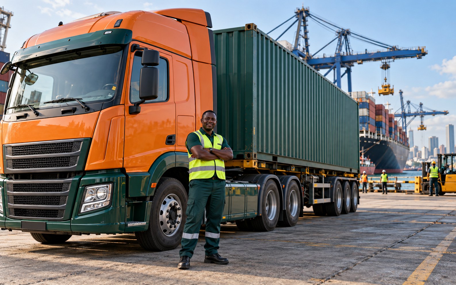 Black African logistics driver beside a freight truck at a port
