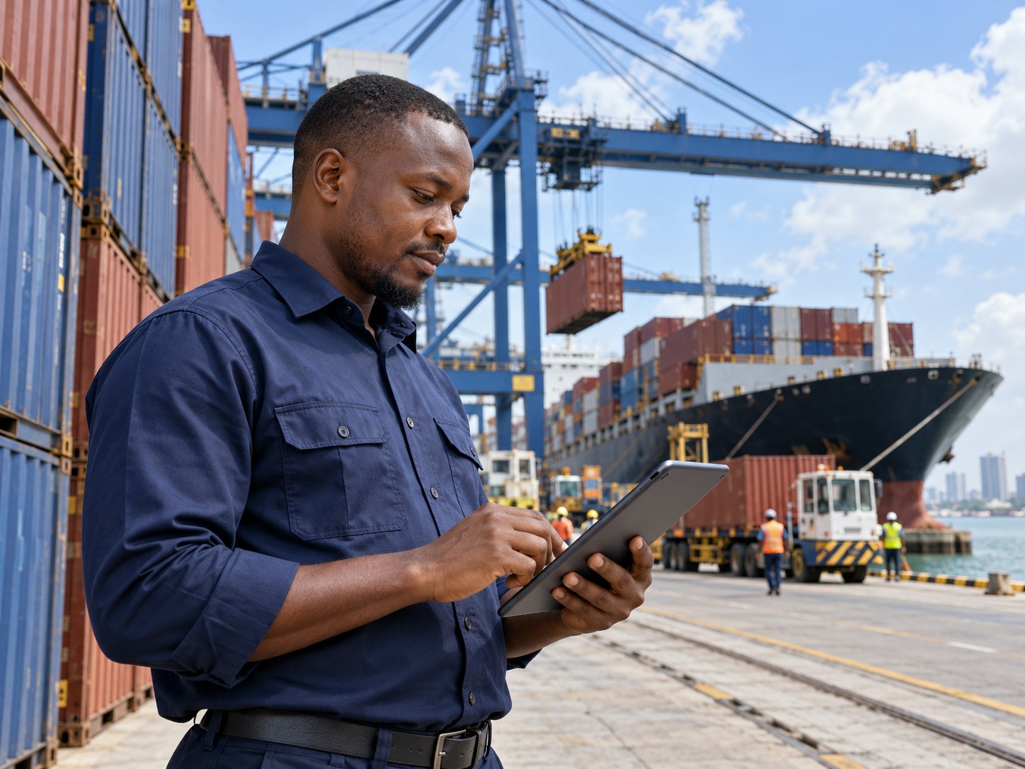 Black African logistics professional reviewing shipment information at a port