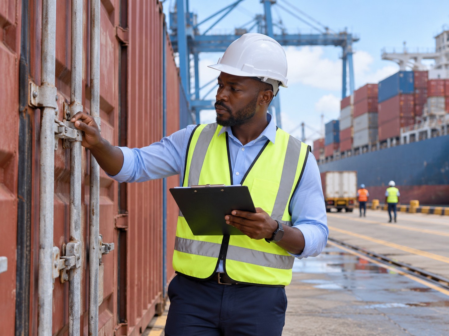 Black African logistics professional inspecting a sealed cargo container