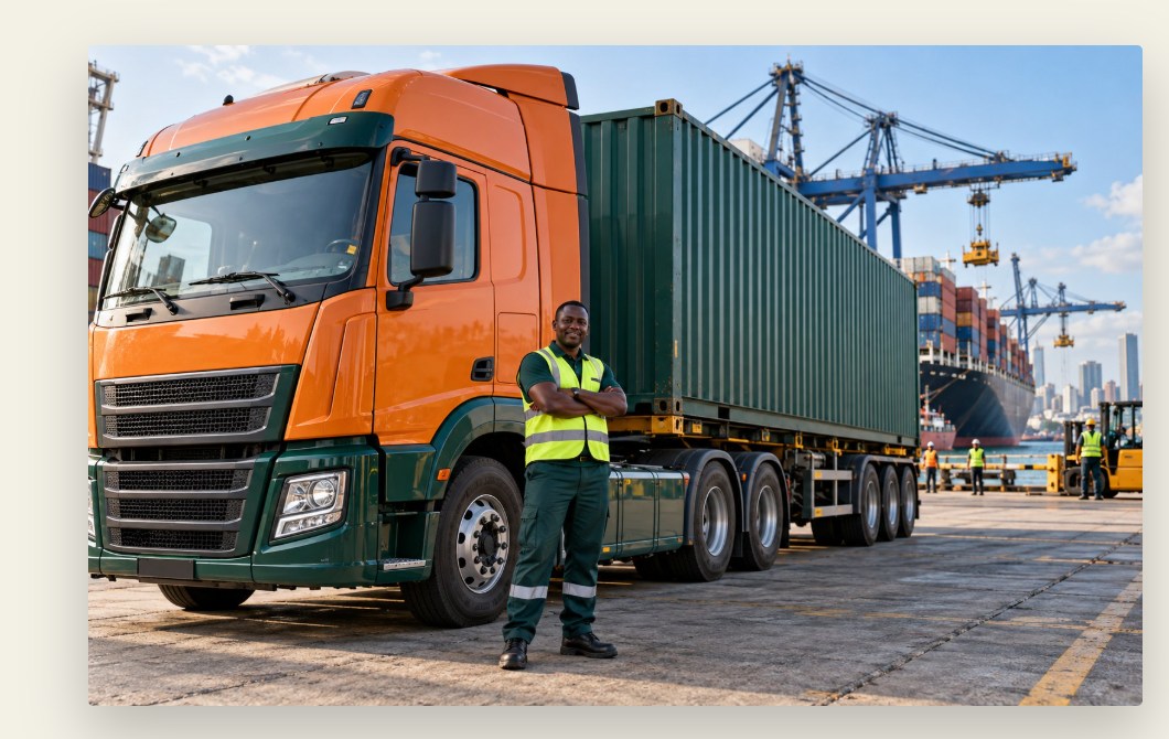 Black African truck driver beside an unbranded freight truck on a regional road