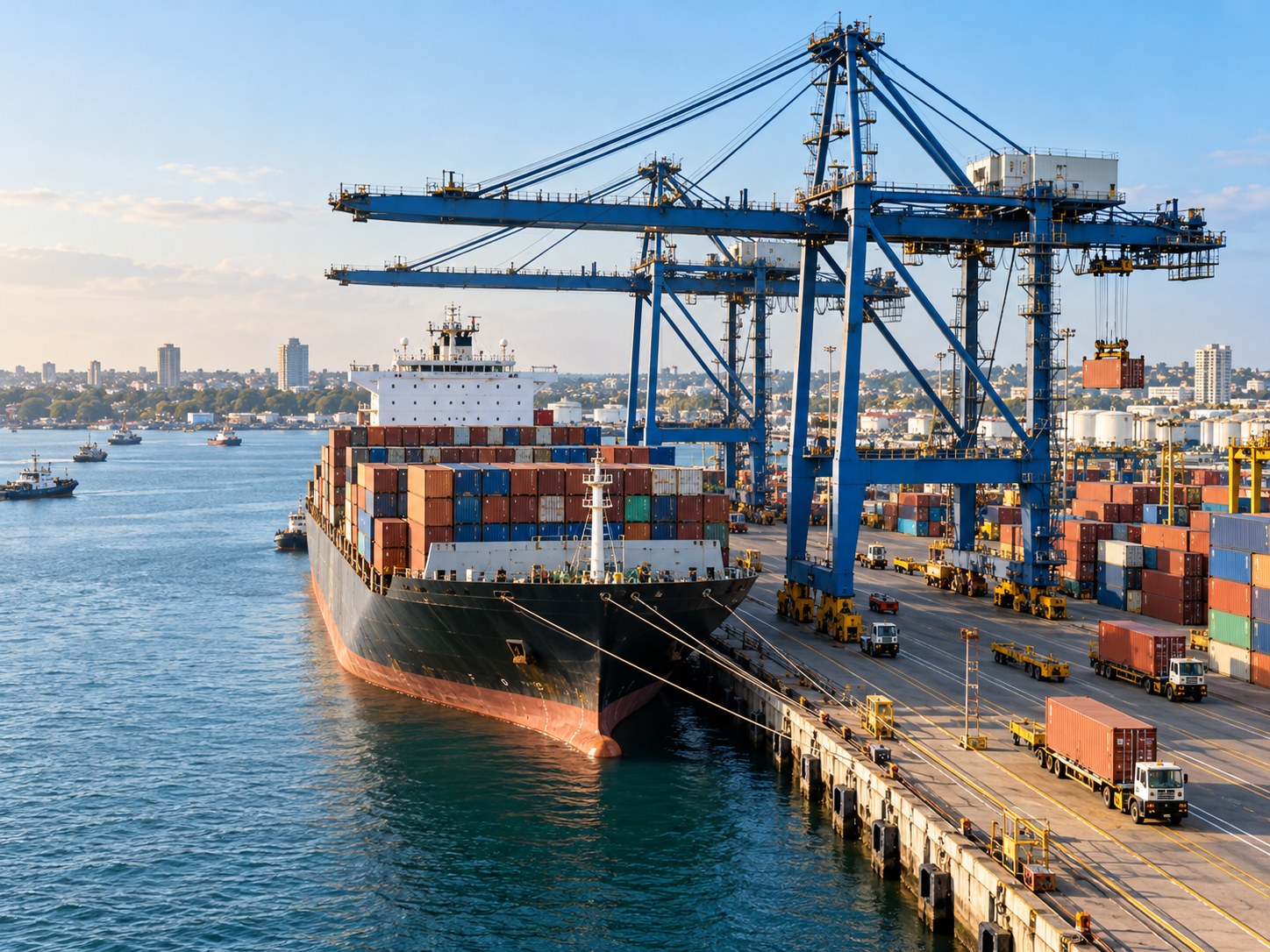 Container ship and cargo cranes at a busy African seaport