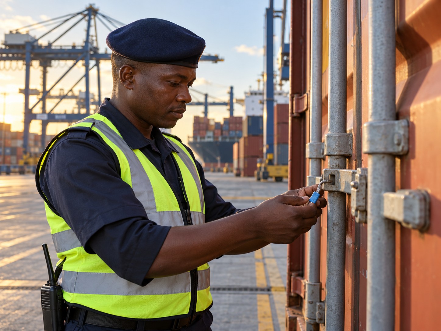 Black African port security staff checking a container seal