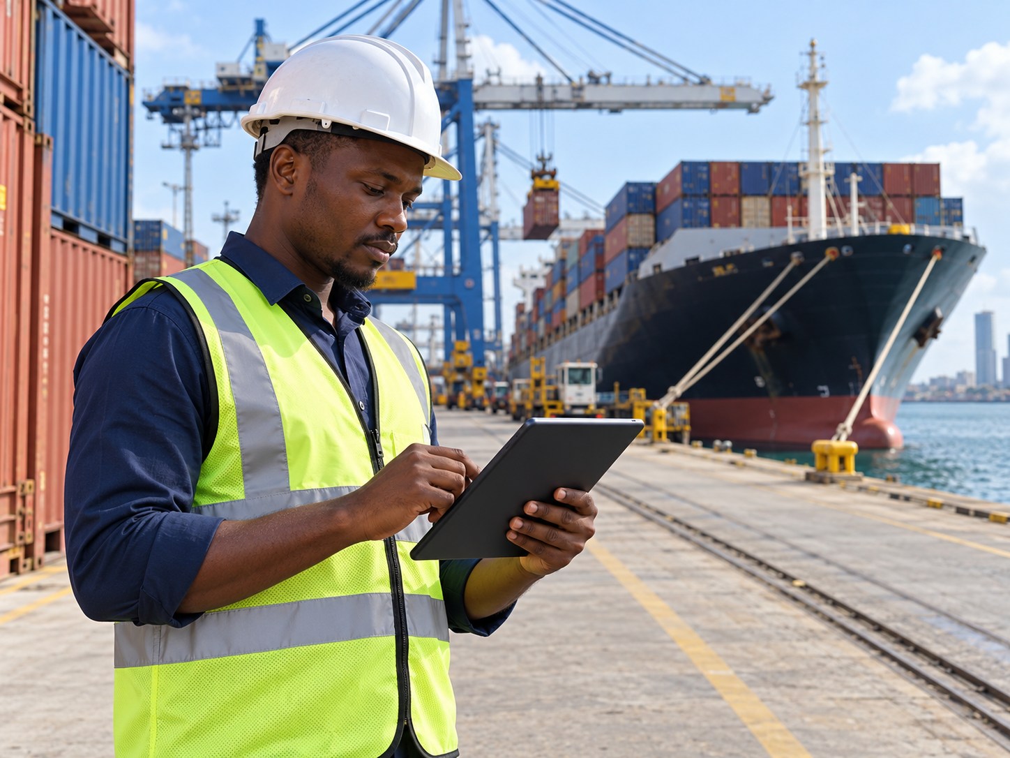 Black African logistics coordinator checking a shipment on a tablet at port